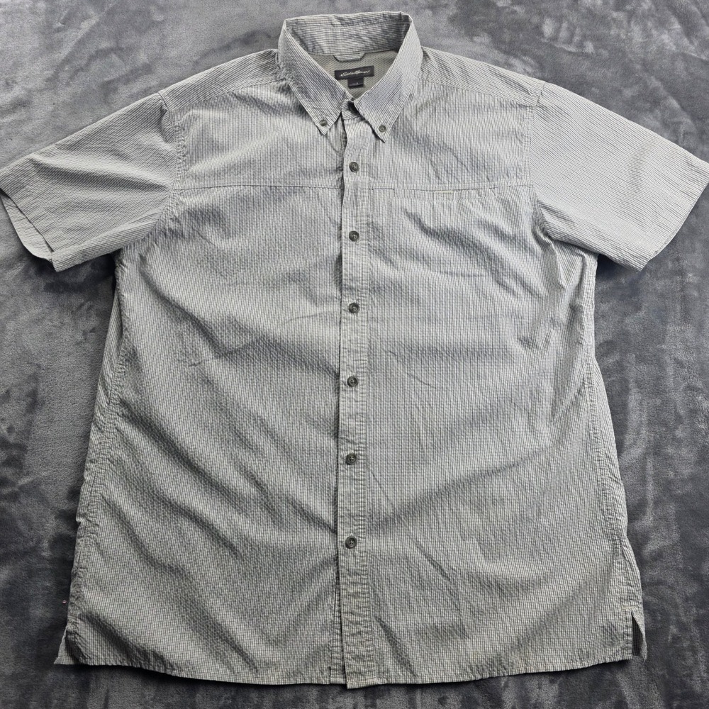 Eddie Bauer Button Down Shirt Mens L Grey Micro Check Short Sleeve Hiking Fish